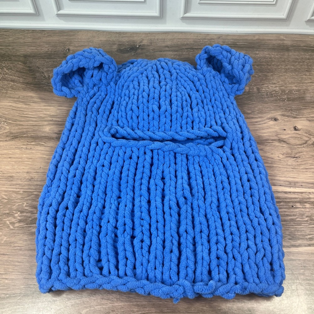 Handmade Balaclava Chenille Chunky Knit Bear Ear Blue Ski Mask Hood Unisex OS